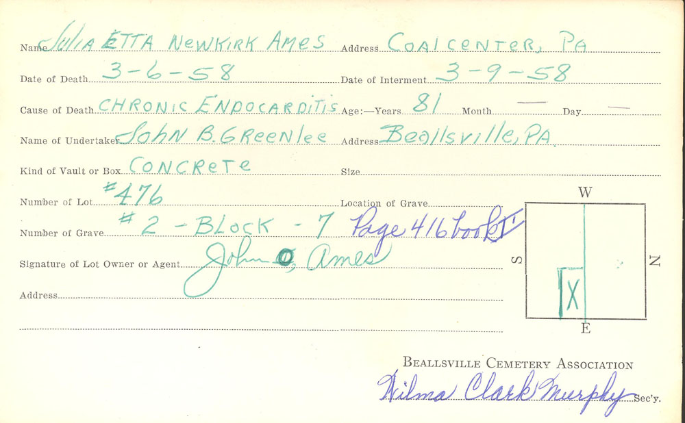 Julia Newkirk Ames burial card